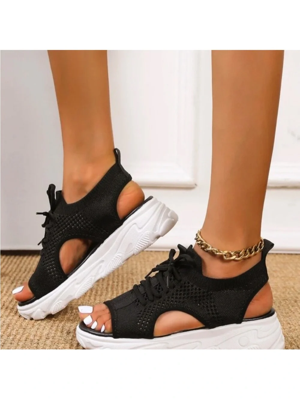 Boutique Women’s Black & White Open-Toed Lace-Up Knit Sneakers Sandals⭐️⭐️Sz: 10